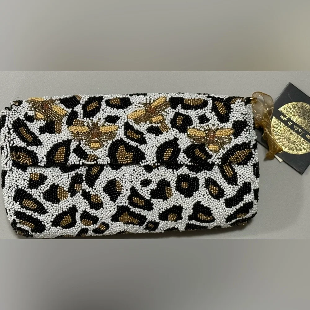 From India To You Beaded Leopard Print With Bees Crossbody/Clutch Bag - NWT